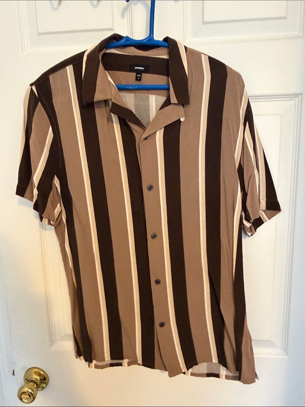 Express Men’s Brown & Cream Striped Short-Sleeve Button-Down Shirt